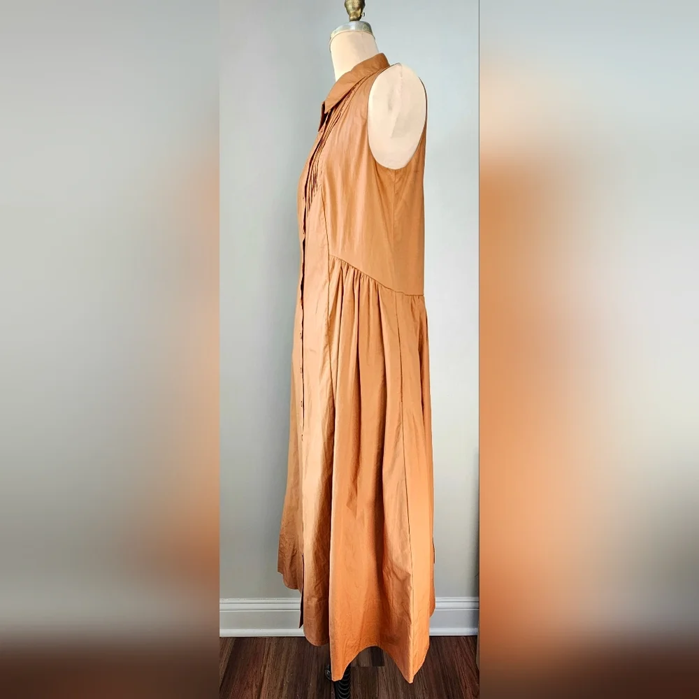 NWT Camel Cotton Poplin Midi Shirtdress Pintuck Button Front Pockets Small - Picture 5 of 10